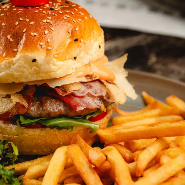 BBQ bacon Burger in Split - 100% beef, BBQ sauce ,bacon, cheddar, egg, cabbage, salad, caramelized onion